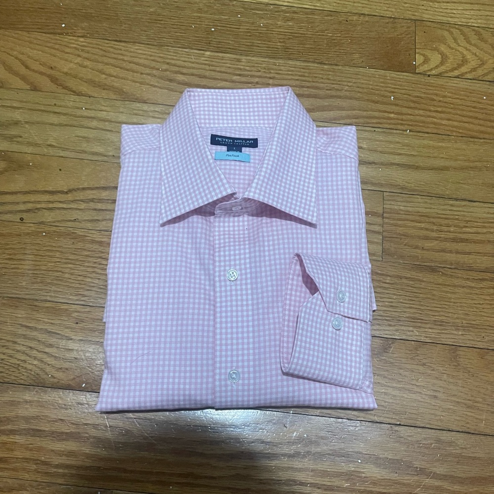 NWT Peter Millar Soft Smooth Cotton Pink Gingham Dress Shirt Sz L